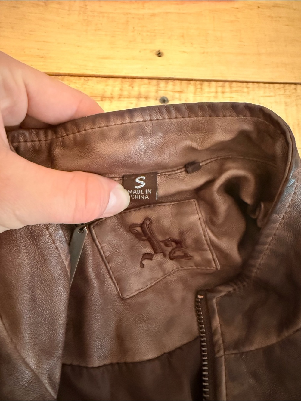Brown Leather Jacket with Embroidered Interior Logo